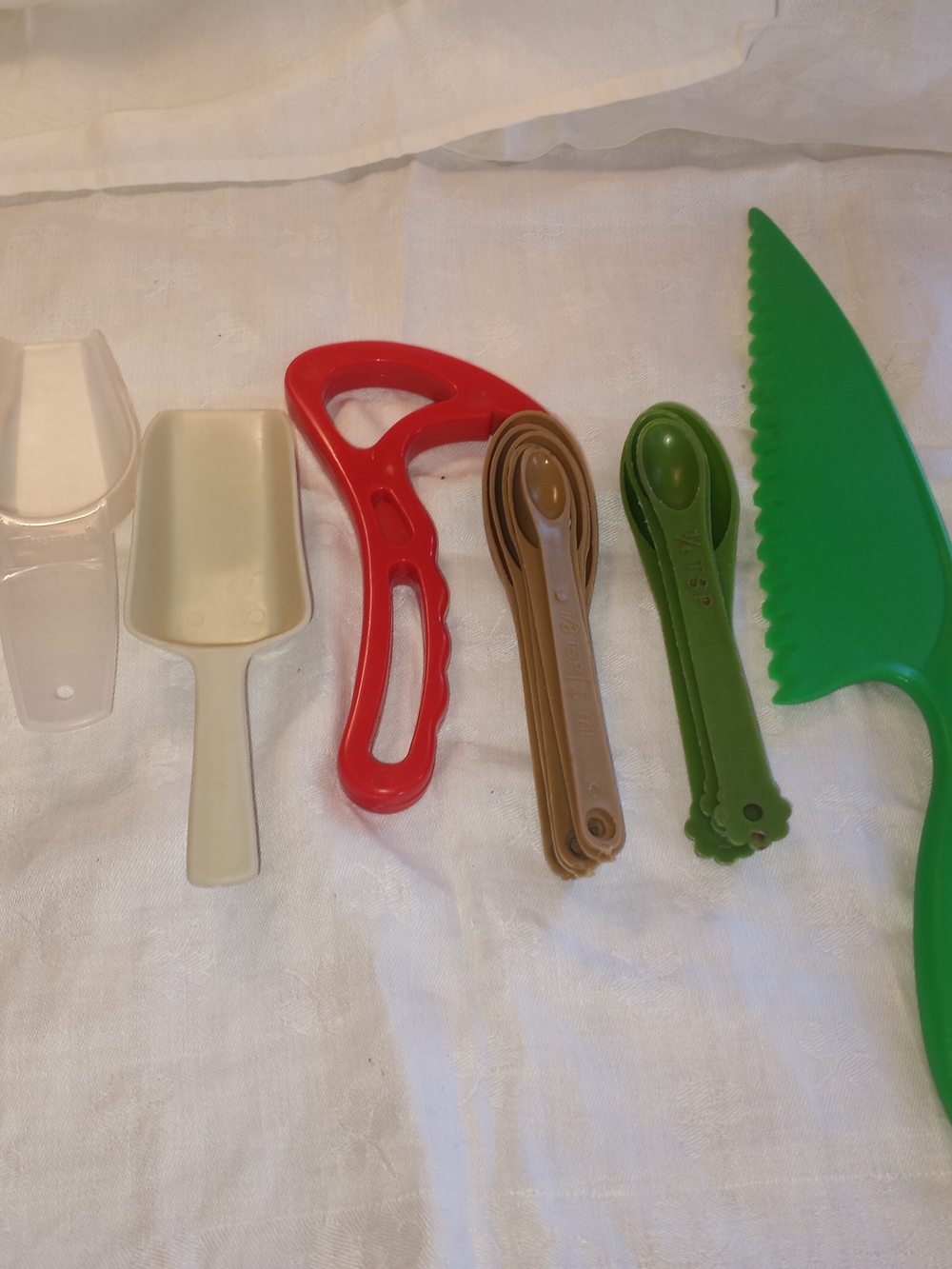 Assorted Plastic Kitchen Tools - Red, Green, Tan, Cream